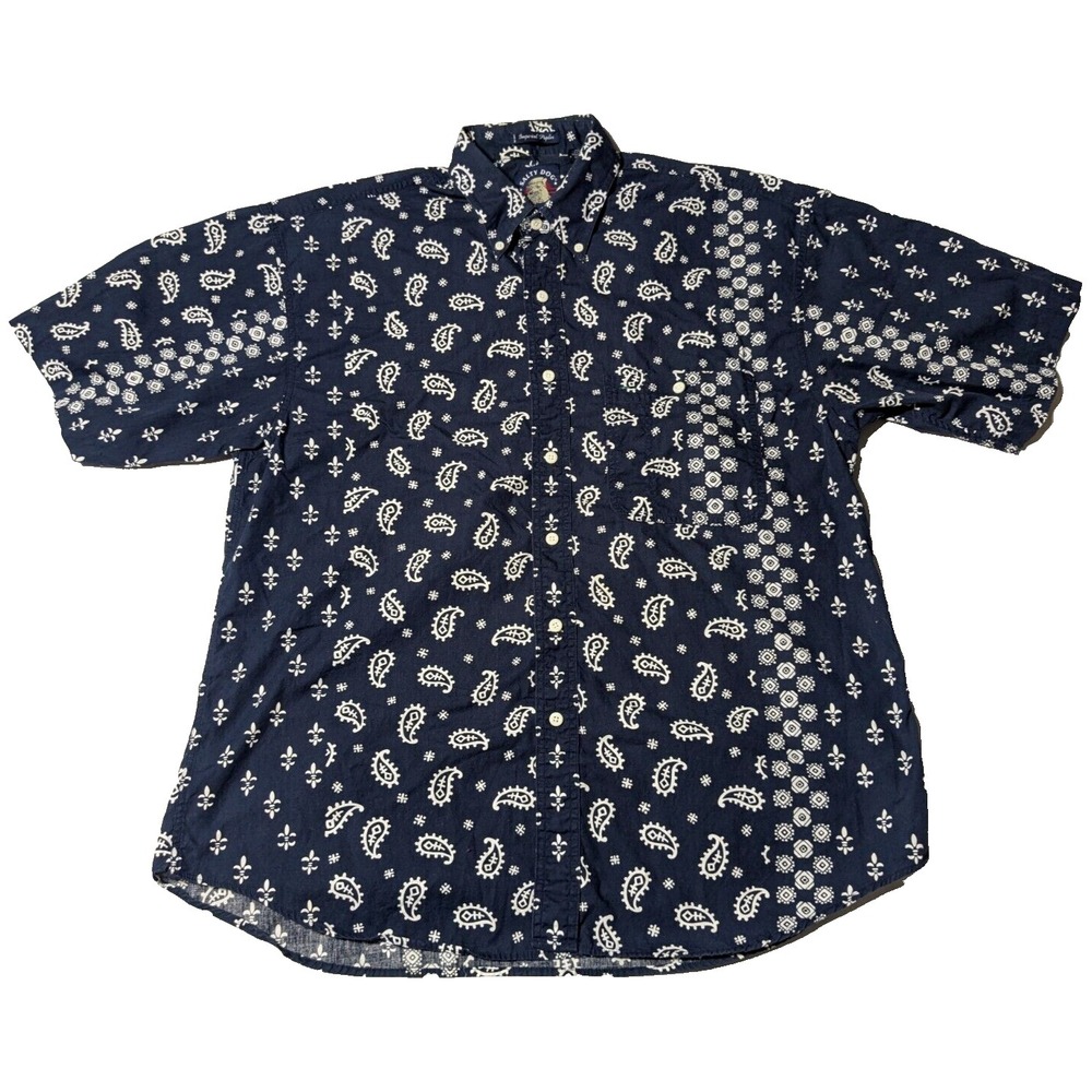 VTG SALTY DOG GANT Men Large Cotton Blue Paisley Imperial Poplin Shirt MADE USA‎